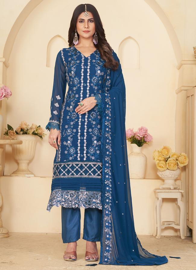 Faux Georgette Blue Traditional Wear Embroidery Work Straight Suit